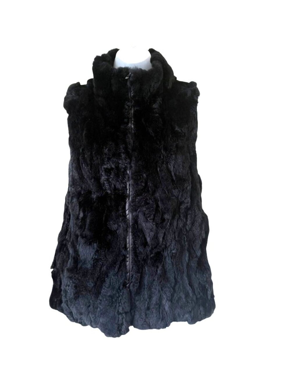 Dana Stein Reversible Rex Rabbit Fur Vest Women XS Black Full Zip Longline